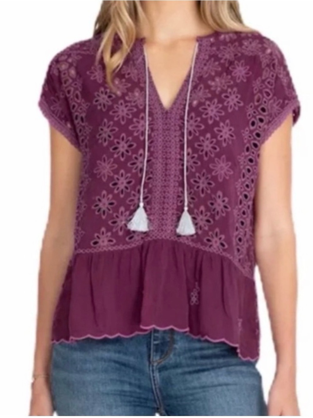Johnny Was Purple Peplum Blouse Leith Embroidered Peasant Boho Top Small Rayon